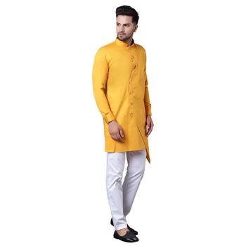 Trendy Asymmetric Overlap Mustard Men'S Kurta Only 2