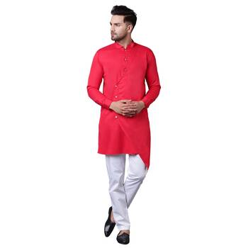 Trendy Asymmetric Overlap Red Men'S Kurta Only 1