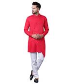 Trendy Asymmetric Overlap Red Men'S Kurta Only