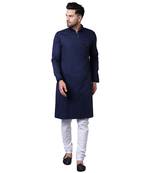 Daring Angrakha Placket Navy Blue Men'S Kurta With White Churidar