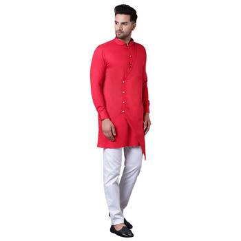 Trendy Asymmetric Overlap Red Men'S Kurta Only 2