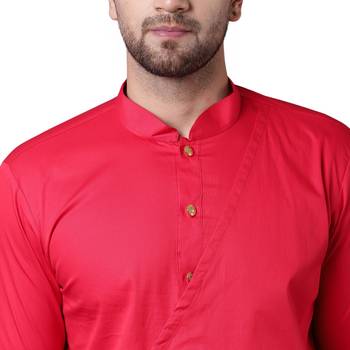 Trendy Asymmetric Overlap Red Men'S Kurta Only 4