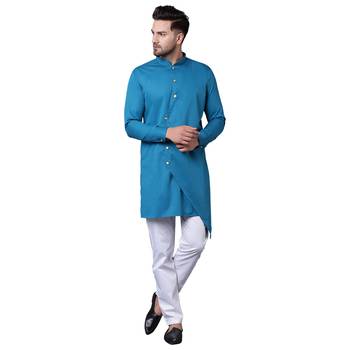 Trendy Asymmetric Overlap Teal Men'S Kurta Only 1