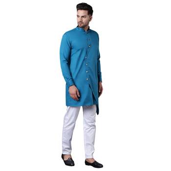 Trendy Asymmetric Overlap Teal Men'S Kurta Only 2
