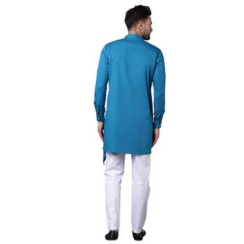Trendy Asymmetric Overlap Teal Men'S Kurta Only 3