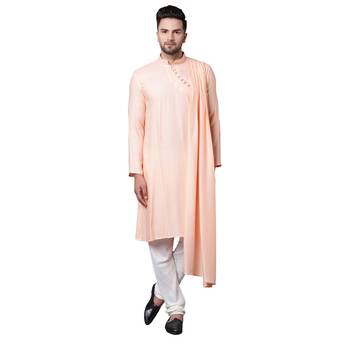 Dushala Style Draped Peach Men'S Kurta With White Churidar 1