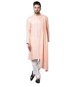 Dushala Style Draped Peach Men'S Kurta With White Churidar