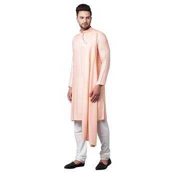 Dushala Style Draped Peach Men'S Kurta With White Churidar 2