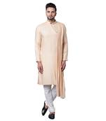 Dushala Style Draped Beige Men'S Kurta With White Churidar