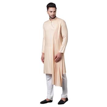 Dushala Style Draped Beige Men'S Kurta With White Churidar 2