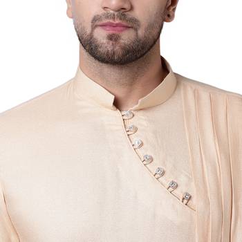 Dushala Style Draped Beige Men'S Kurta With White Churidar 3