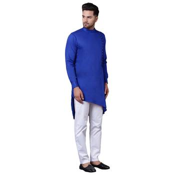 Modern Jama Style Asymmetric Royal Blue Men'S Kurta Only 2