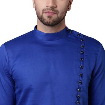 Modern Jama Style Asymmetric Royal Blue Men'S Kurta Only 4