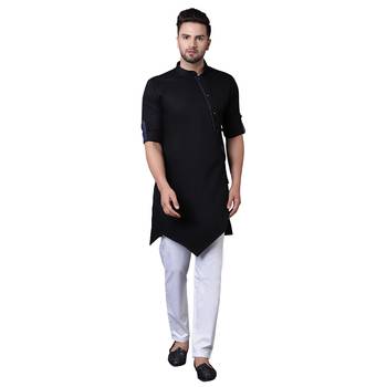 Dynamic Tilted Placket Asymmtetric Black Men'S Kurta Only 1