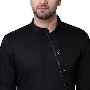 Dynamic Tilted Placket Asymmtetric Black Men'S Kurta Only 4