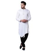 Modish Pleated Gusset White Men'S Kurta With Black Churidar