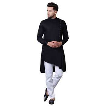 Modern Jama Style Asymmetric Black Men'S Kurta With White Trousers 1