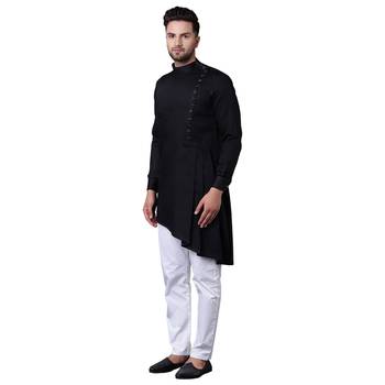 Modern Jama Style Asymmetric Black Men'S Kurta With White Trousers 2
