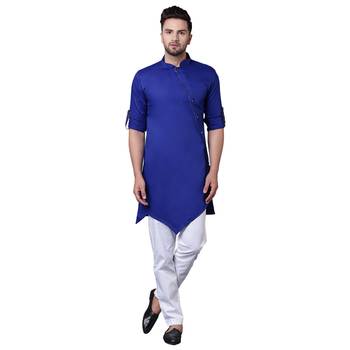 Dynamic Tilted Placket Asymmtetric Royal Blue Men'S Kurta With White Trousers 1
