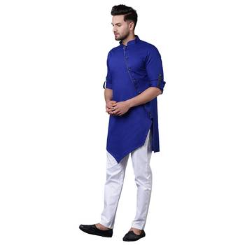 Dynamic Tilted Placket Asymmtetric Royal Blue Men'S Kurta With White Trousers 2