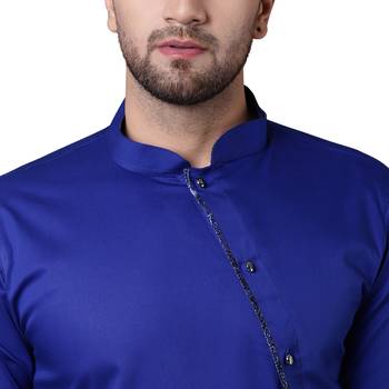 Dynamic Tilted Placket Asymmtetric Royal Blue Men'S Kurta With White Trousers 3