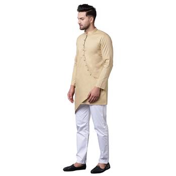 Dapper Overlap Curved Placket Beige Men'S Kurta With White Trousers 2
