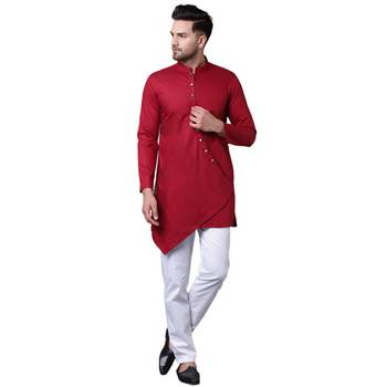 Dapper Overlap Curved Placket Maroon Men'S Kurta With White Trousers 1