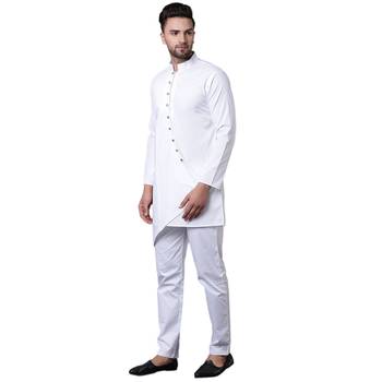 Dapper Overlap Curved Placket White Men'S Kurta With White Trousers 2