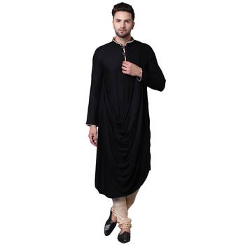 Royal Front Drape Black Men'S Kurta With Beige Churidar 1