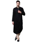 Royal Front Drape Black Men'S Kurta With Beige Churidar