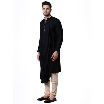 Royal Front Drape Black Men'S Kurta With Beige Churidar 2