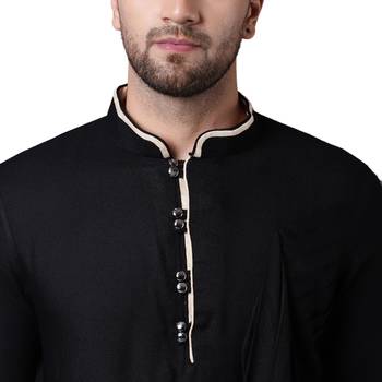 Royal Front Drape Black Men'S Kurta With Beige Churidar 3