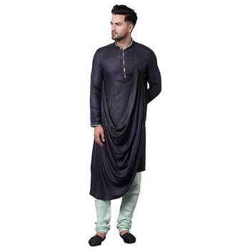 Royal Front Drape Grey Men'S Kurta With Sea Green Churidar 1