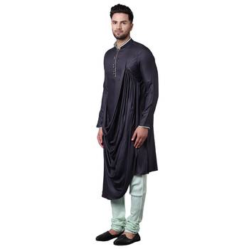Royal Front Drape Grey Men'S Kurta With Sea Green Churidar 2