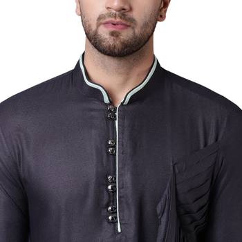 Royal Front Drape Grey Men'S Kurta With Sea Green Churidar 3