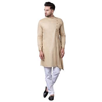 Aristocratic Angrakha Style Pleated Beige Men'S Kurta Only 1