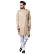 Aristocratic Angrakha Style Pleated Beige Men'S Kurta Only
