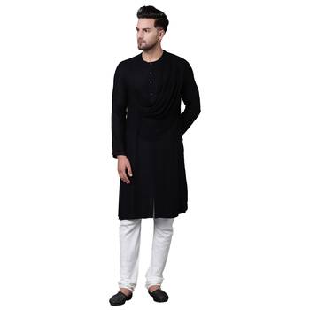 Emperor Cut Front Drape Black Men's Kurta With White Churidar 1
