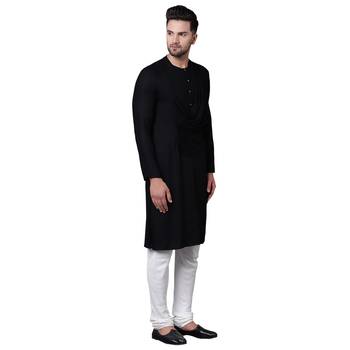 Emperor Cut Front Drape Black Men's Kurta With White Churidar 2