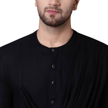 Emperor Cut Front Drape Black Men's Kurta With White Churidar 3