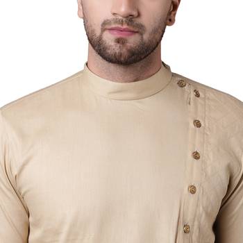 Aristocratic Angrakha Style Pleated Beige Men'S Kurta Only 4