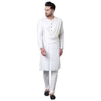 Emperor Cut Front Drape White Men'S Kurta With White Churidar 1