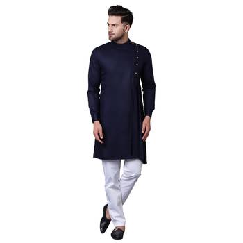 Aristocratic Angrakha Style Pleated Navy Blue Men'S Kurta Only 1