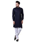 Aristocratic Angrakha Style Pleated Navy Blue Men'S Kurta Only