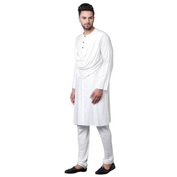 Emperor Cut Front Drape White Men'S Kurta With White Churidar 2