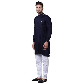 Aristocratic Angrakha Style Pleated Navy Blue Men'S Kurta Only 2
