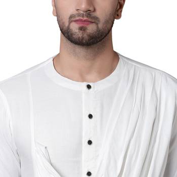 Emperor Cut Front Drape White Men'S Kurta With White Churidar 3
