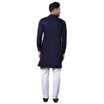 Aristocratic Angrakha Style Pleated Navy Blue Men'S Kurta Only 3