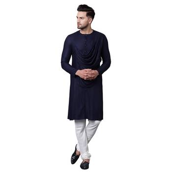 Emperor Cut Front Drape Navy Blue Men'S Kurta With White Churidar 1