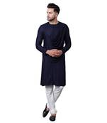 Emperor Cut Front Drape Navy Blue Men'S Kurta With White Churidar
